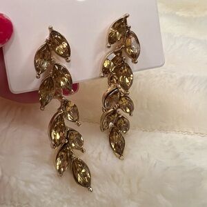 Gold Leaf Drop Earrings with Smoky Topaz Rhinestones NWOT